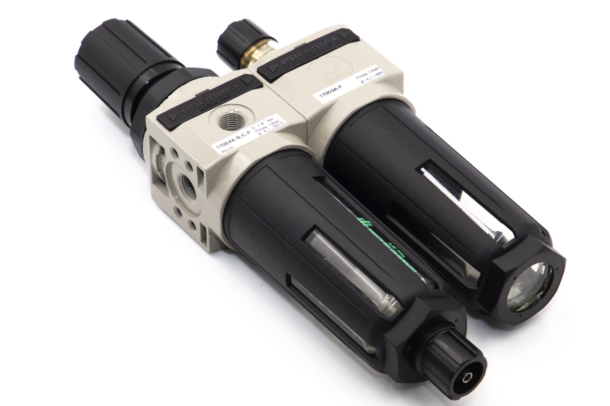 Filtro regulador + lubricador de cuerpo en tecnopolímero G1/4" - talla 1, 50 µm, 0 - 8 bar, pomo no bloqueable, purga semiautomática, vaso protegido