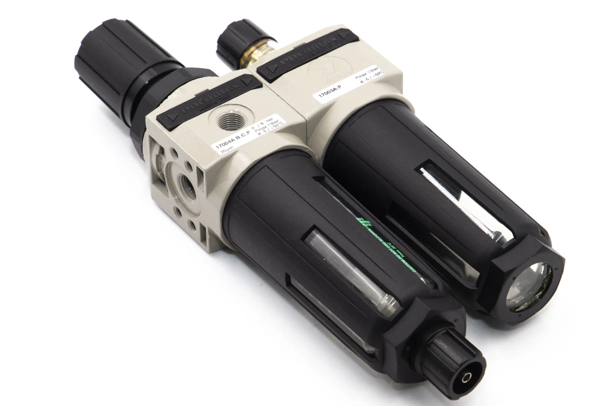 Filtro regulador + lubricador de cuerpo en tecnopolímero G3/8" - talla 3, 20 µm, 0 - 8 bar, pomo no bloqueable, purga semiautomática