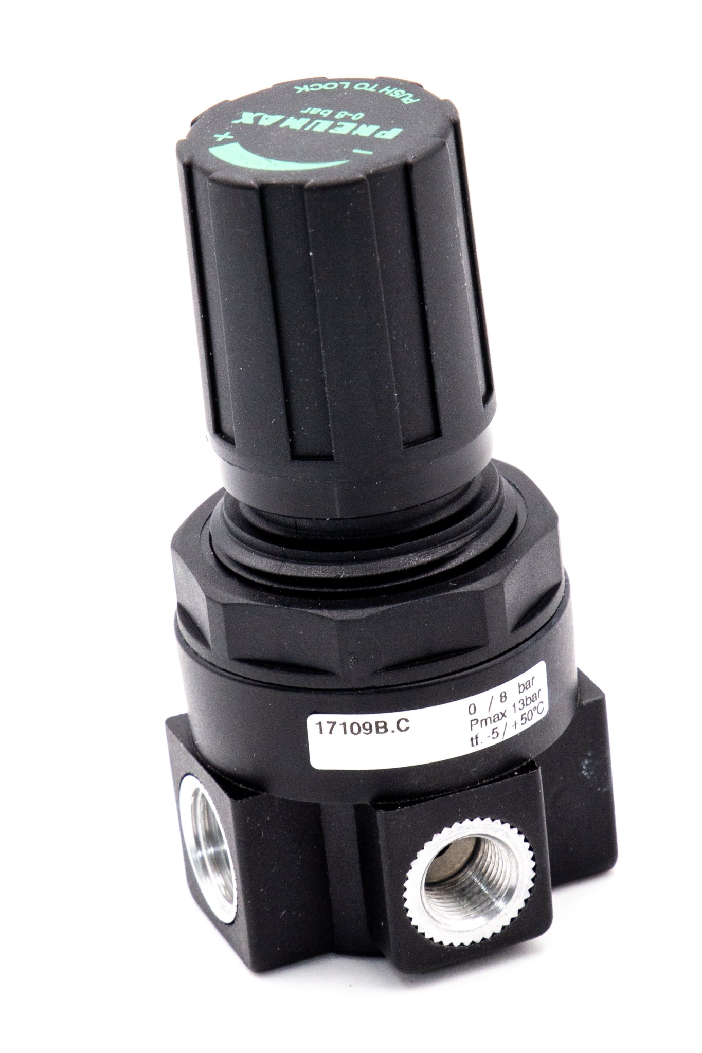 Regulador de panel con manómetro integrado de cuerpo en tecnopolímero G1/4", 0 - 2 bar, pomo no bloqueable, sin relieving