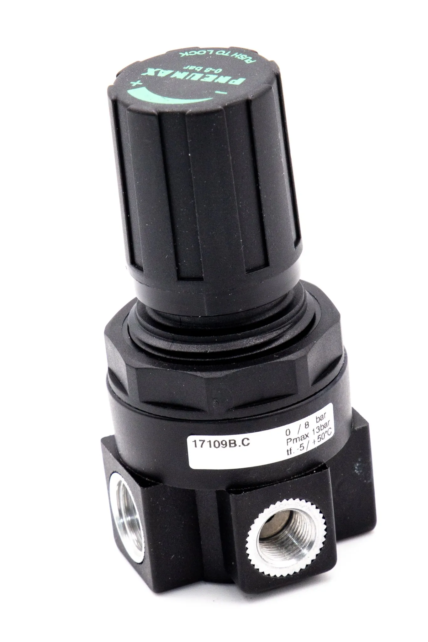 Regulador de panel con manómetro integrado de cuerpo en tecnopolímero G1/4", 0 - 2 bar, pomo no bloqueable, sin relieving