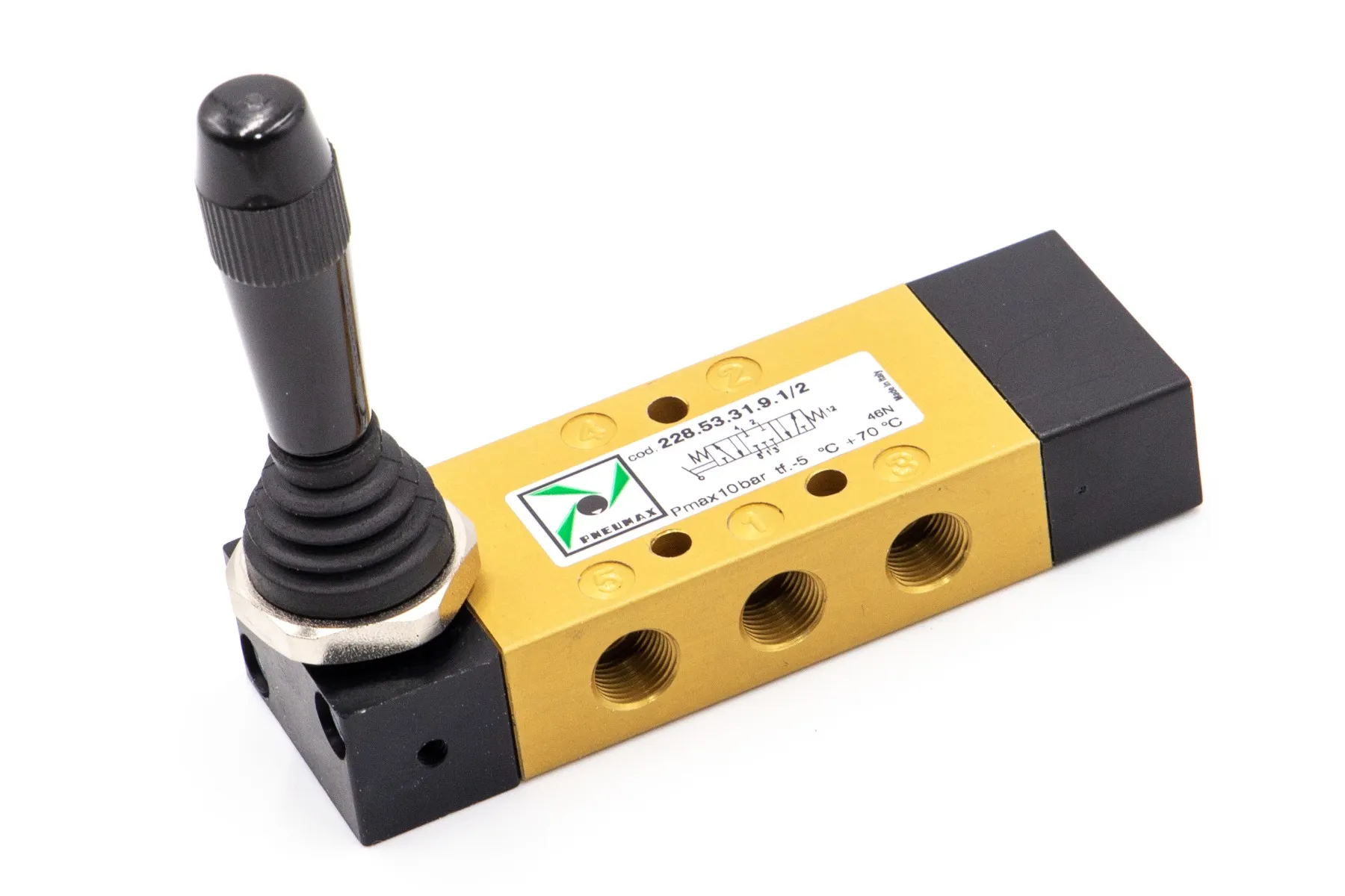 Válvula 5/3 G1/8" palanca lateral - muelle, 3 posiciones inestables, negra, centros abiertos