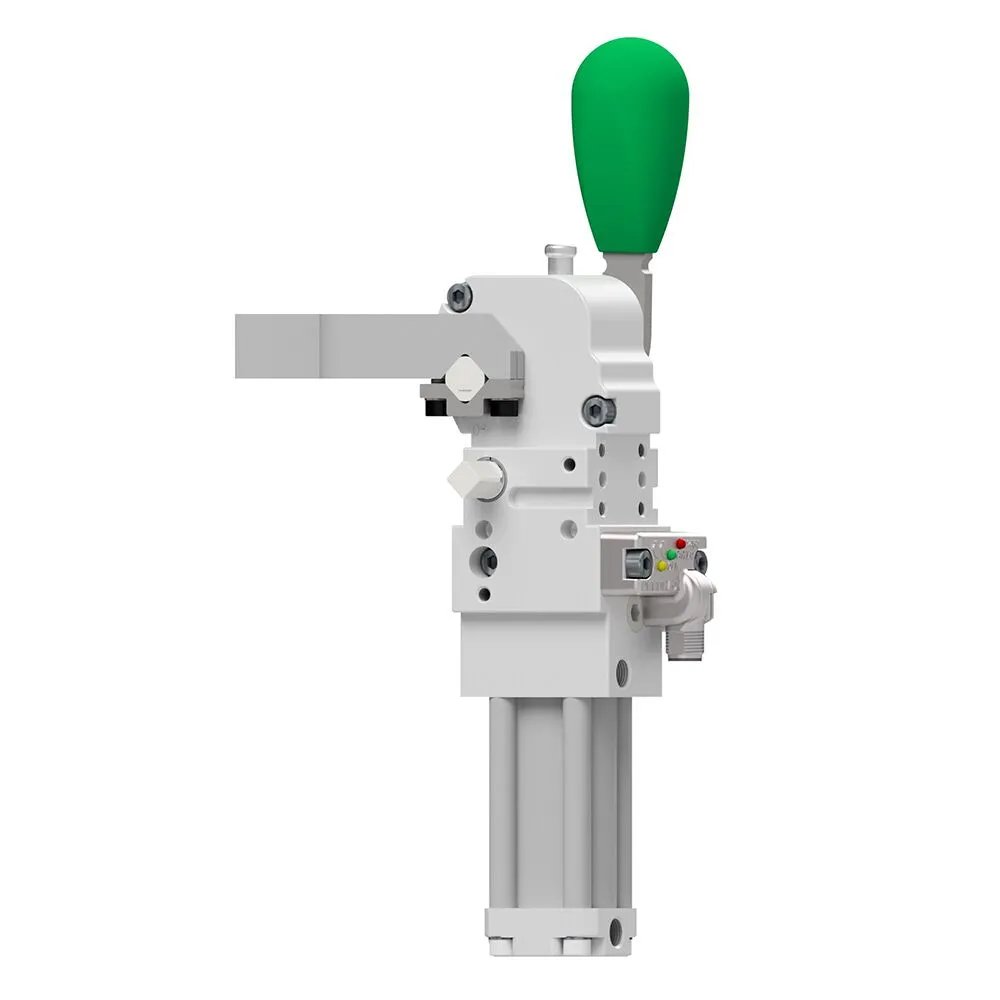 Brida neumática ligera Ø25, sensor M12 - PNP, rosca BSPP, brazo de aluminio central, offset 0 mm