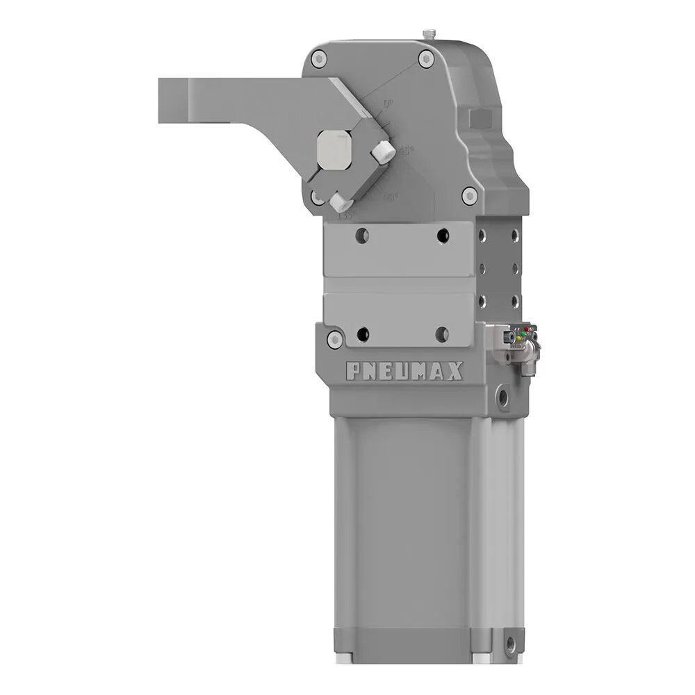 Brida de amarre neumática Ø80, sensor M12 - PNP, rosca BSPP, brazo de aluminio central, offset 15 mm