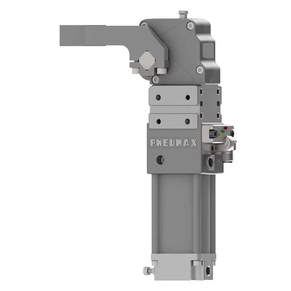 Brida neumática con identificación de doble chapa Ø40, sensor M12 - PNP, rosca BSPP, brazo de aluminio central, offset 15 mm