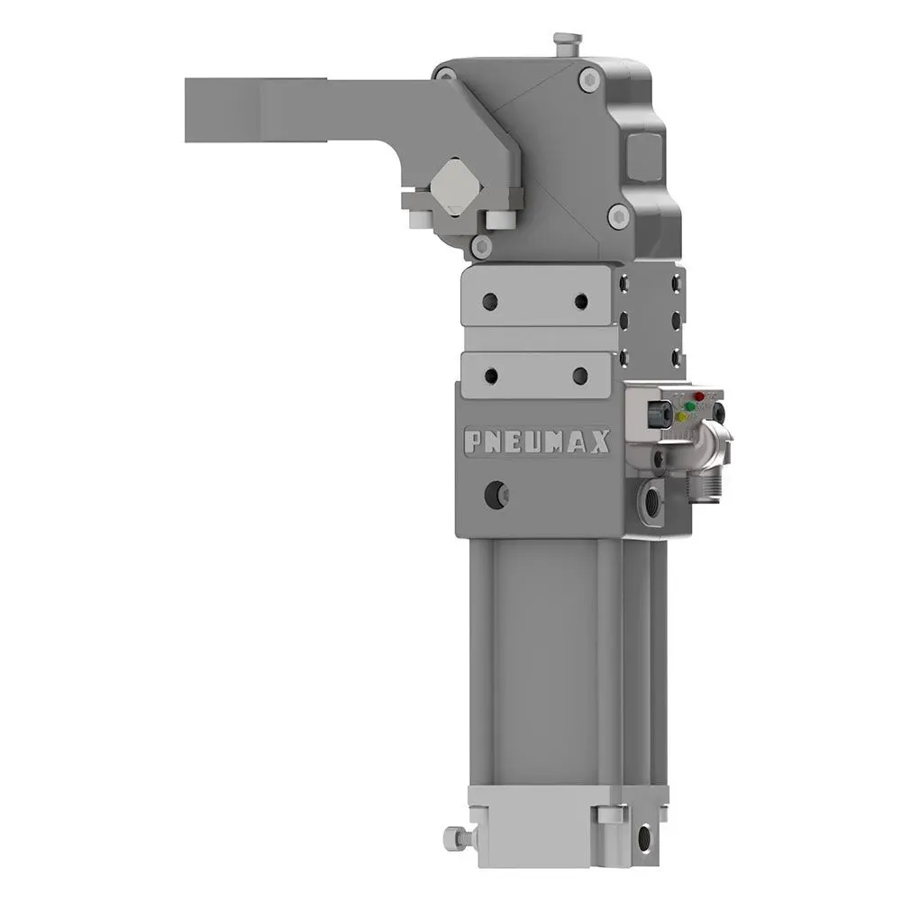 Brida neumática con identificación de doble chapa Ø40, sensor M12 - PNP, rosca BSPP, brazo de aluminio central, offset 45 mm