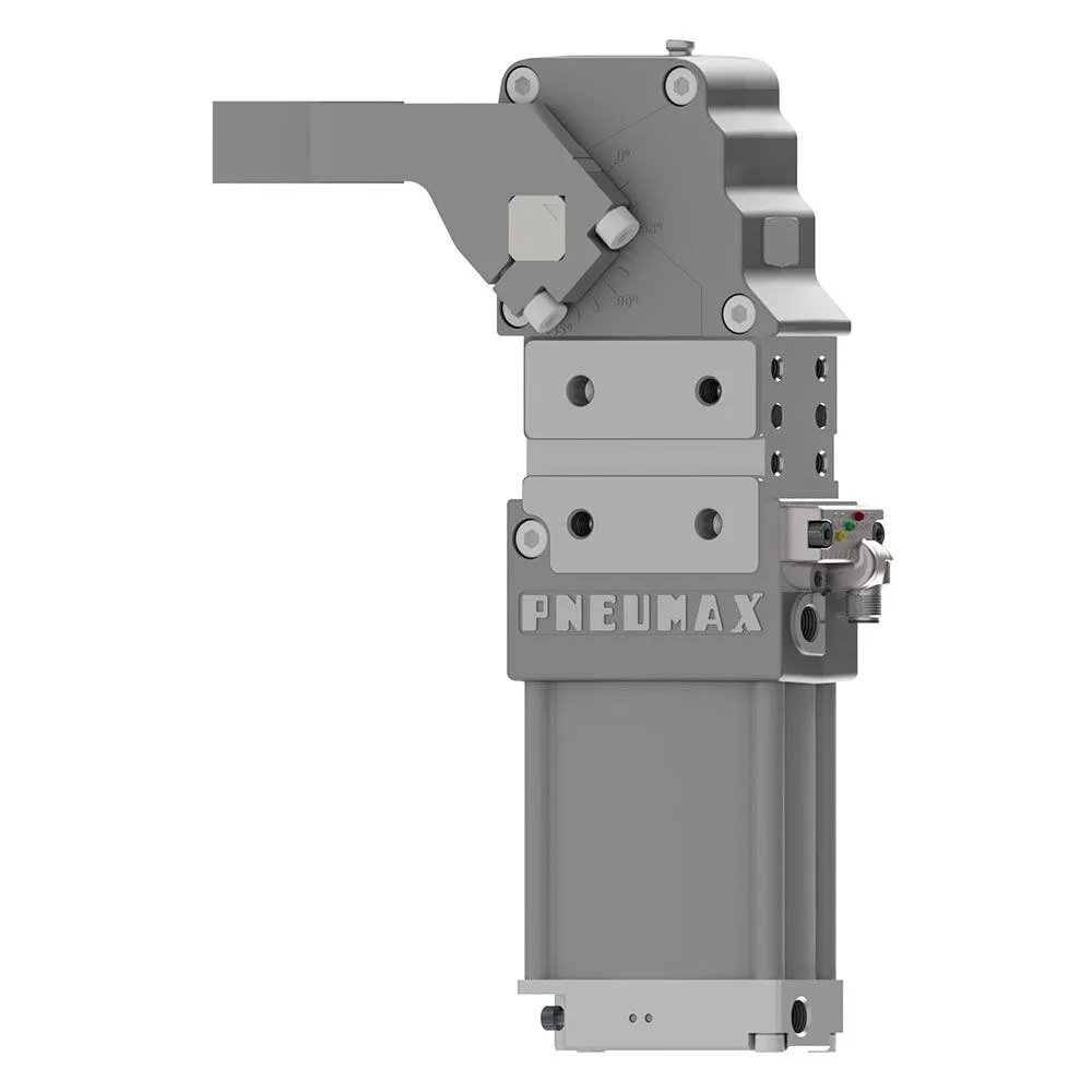 Brida neumática con identificación de doble chapa Ø40, sensor M12 - PNP, rosca BSPP, brazo de aluminio central, offset 15 mm