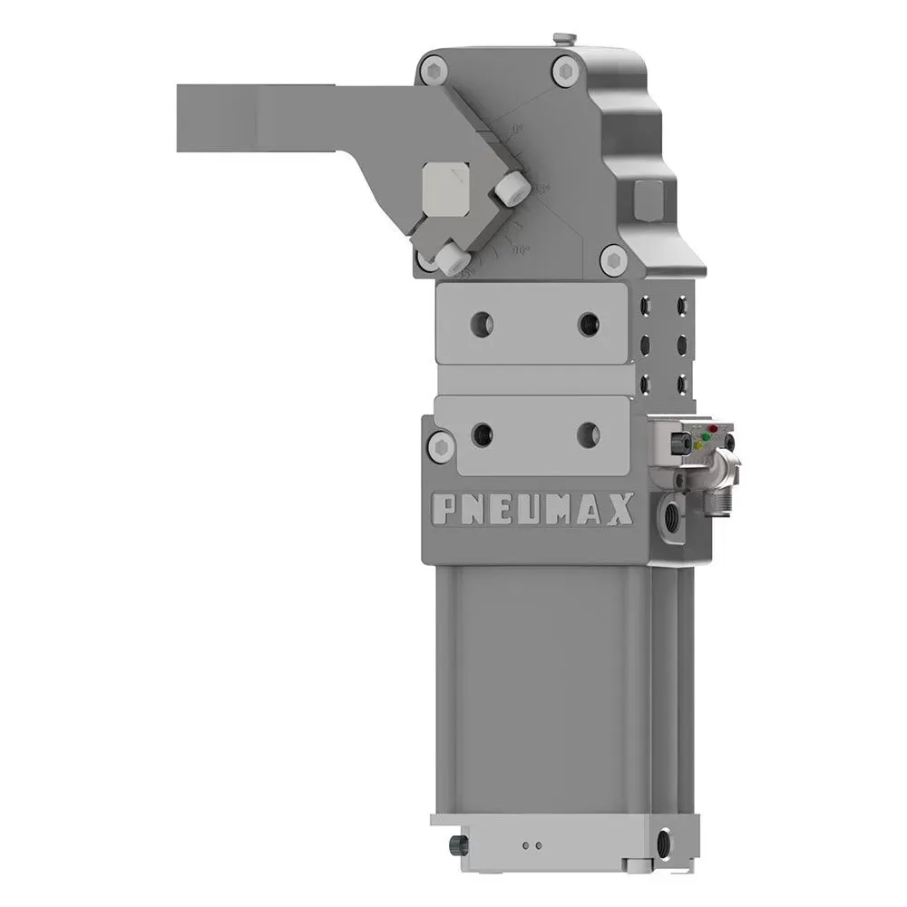 Brida neumática con identificación de doble chapa Ø40, sensor M12 - PNP, rosca BSPP, brazo de aluminio central, offset 15 mm