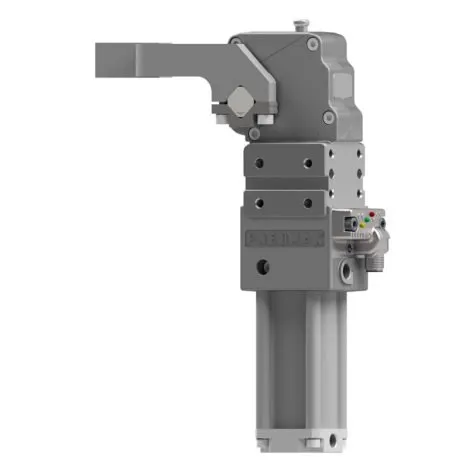 Brida neumática de alta eficiencia Ø32 carcasa 40, sensor M12 - PNP, rosca BSPP, brazo de aluminio central offset 15 mm