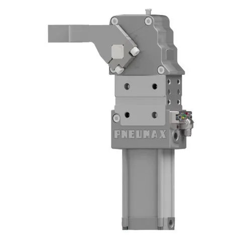 Brida neumática de alta eficiencia Ø50 carcasa 63, sensor M12 - PNP, rosca BSPP, brazo de aluminio central offset 45 mm