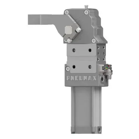 Brida neumática de alta eficiencia Ø50 carcasa 63, sensor M12 - PNP, rosca BSPP, brazo de aluminio central offset 45 mm