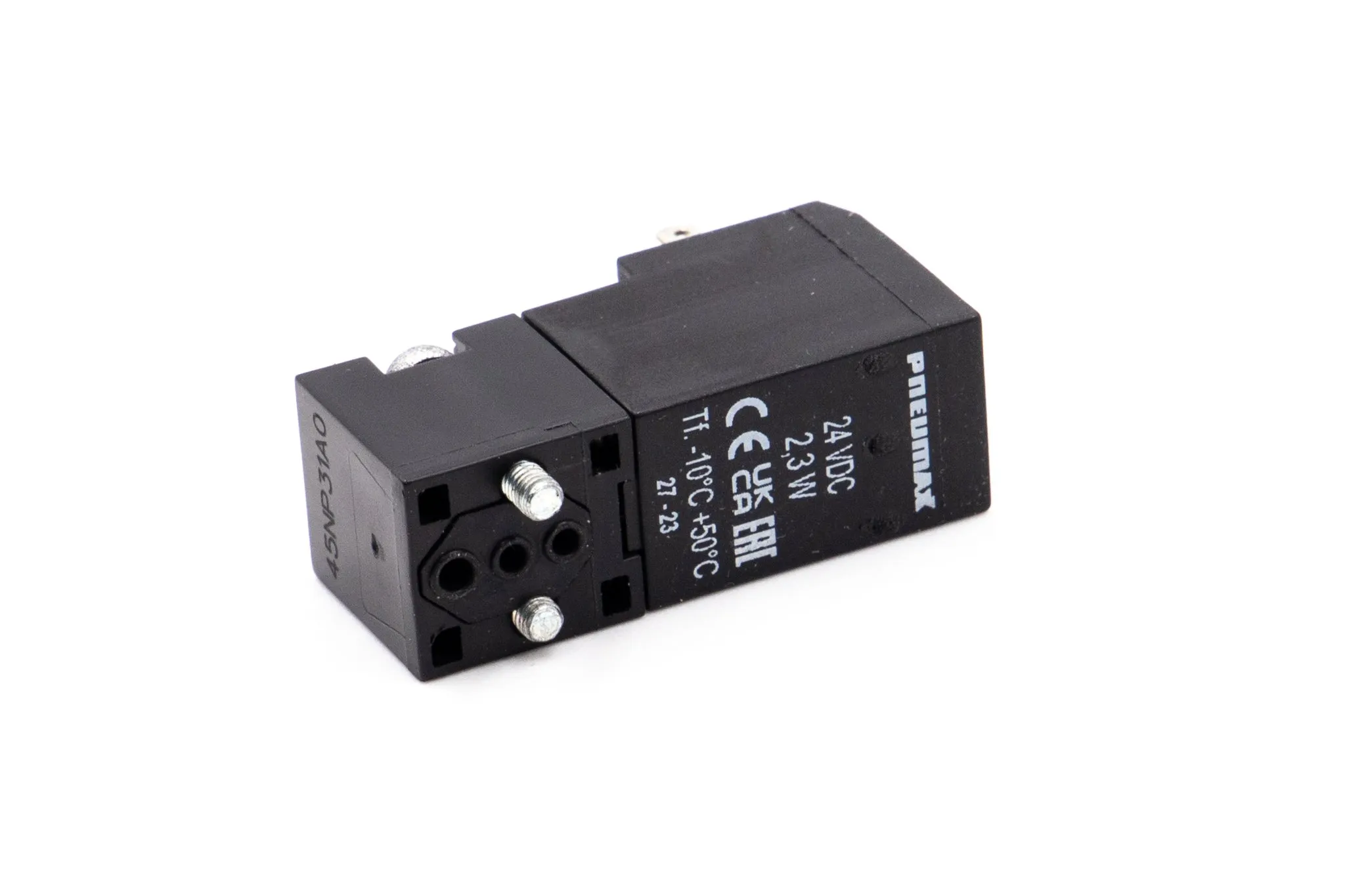 Minielectroválvula 15 mm 3/2, NC, 24 V 50-60 Hz, paso Ø1,1, faston y accionamiento de empuje manual