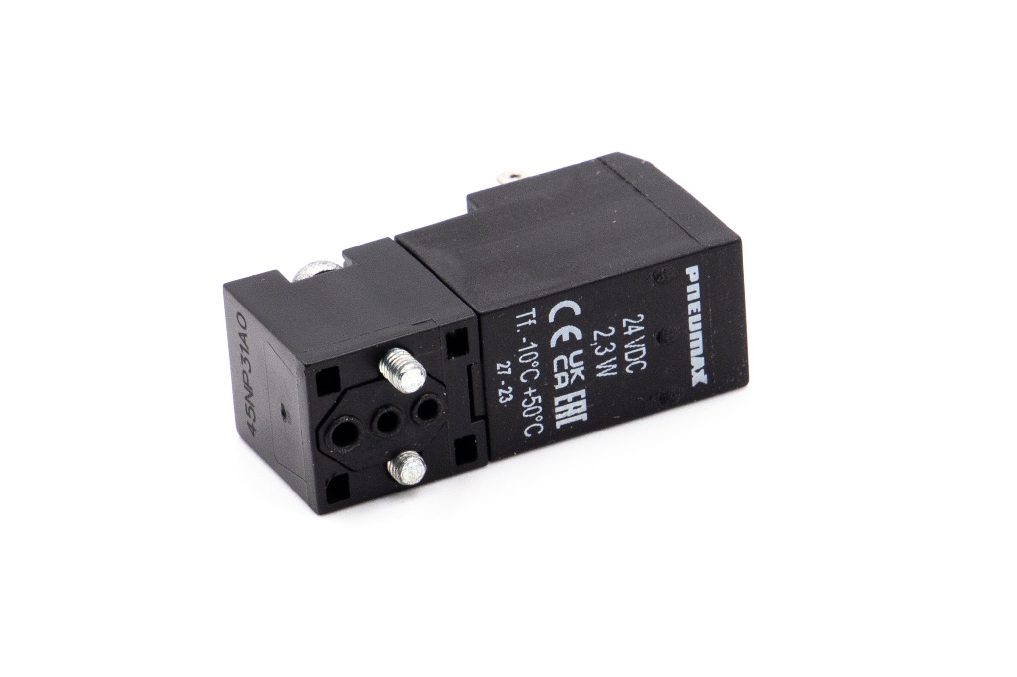 Minielectroválvula 15 mm 3/2, NC, 24VDC 1W, paso Ø0,8, faston y accionamiento de empuje manual