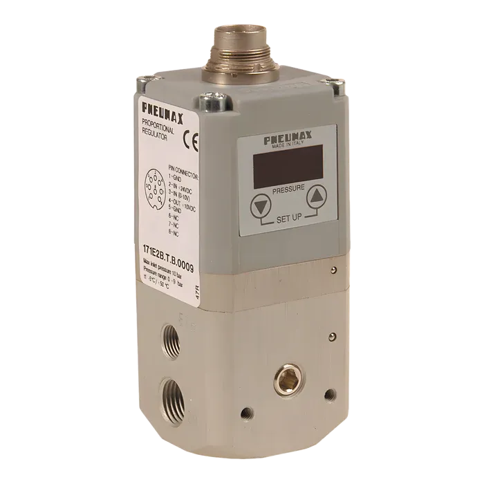 Regulador proporcional versión estándar con conector SUB-D 15 polos talla 3, señal en voltaje (0-10 V/ 0-5 V/ 1-5 V), rango de presión 0 - 9 bar