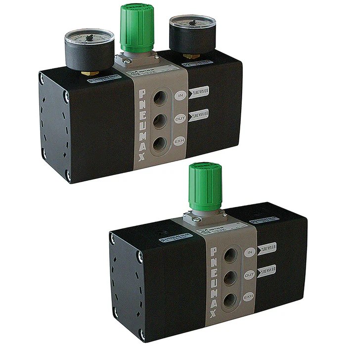 Multiplicador de presión de tecnopolímero Ø40 con manómetros P1 0 - 12 bar / P2 0 - 12 bar