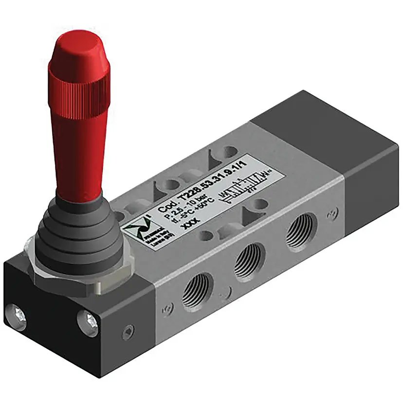 Válvula 5/3 G1/8" palanca lateral - muelle, 3 posiciones inestables, negra, centros abiertos