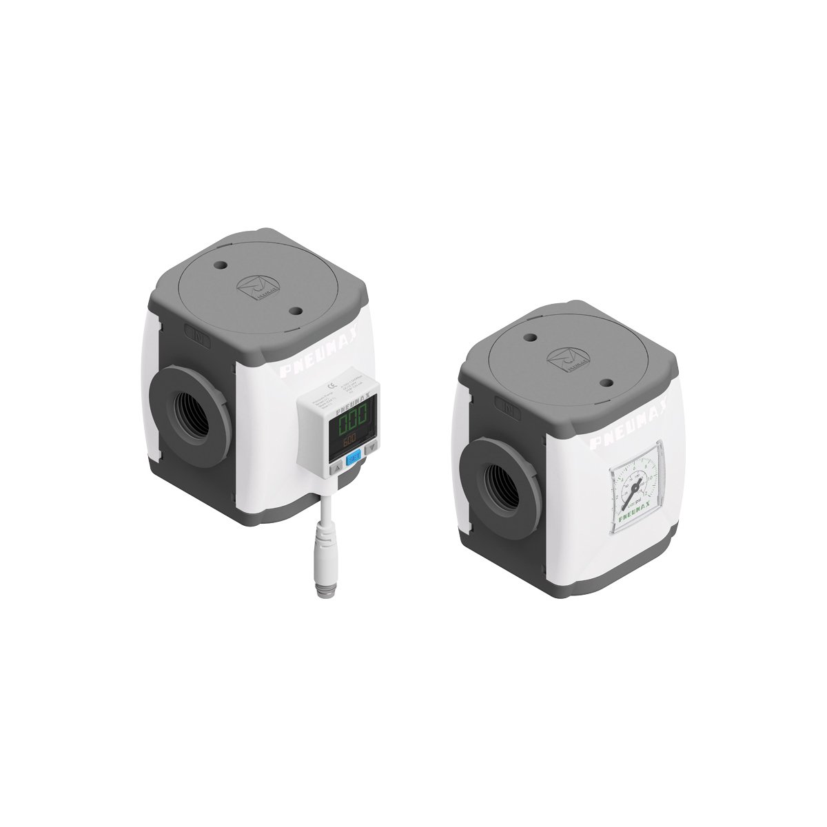 Toma de aire con interruptor de presión digital integrado de cuerpo y roscas en tecnopolímero G3/8" - talla 2, cable 150 mm + M8 PNP